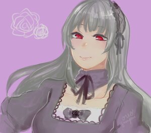 Rating: Safe Score: 0 Tags: 1girl blush closed_mouth detached_collar dress flower hairband image long_hair long_sleeves looking_at_viewer pink_background purple_background red_eyes ribbon rose silver_hair simple_background smile solo suigintou upper_body User: admin