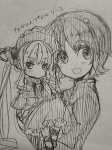 Rating: Safe Score: 0 Tags: 2girls :d dress greyscale hair_ornament hairband image long_hair long_sleeves looking_at_viewer monochrome multiple_girls open_mouth shinku short_hair sketch smile solo traditional_media twintails User: admin