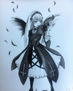 Rating: Safe Score: 0 Tags: 1girl bird bird_on_hand black_feathers crow dove dress feathers frilled_sleeves frills full_body hairband image long_hair long_sleeves monochrome ribbon seagull solo standing suigintou traditional_media wings User: admin