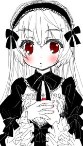 Rating: Safe Score: 0 Tags: 1girl bangs blush bow dress eyebrows_visible_through_hair frilled_sleeves frills hairband image lolita_fashion long_hair long_sleeves looking_at_viewer monochrome parted_lips puffy_sleeves red_eyes ribbon simple_background solo spot_color suigintou traditional_media upper_body white_background User: admin