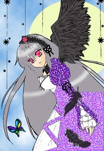 Rating: Safe Score: 0 Tags: 1girl black_wings bug butterfly dress flower frills full_moon hairband image insect long_hair long_sleeves looking_at_viewer moon silver_hair solo suigintou wings User: admin