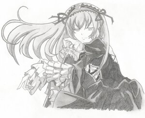 Rating: Safe Score: 0 Tags: 1girl dress frilled_sleeves frills graphite_(medium) greyscale hairband image lolita_hairband long_hair long_sleeves looking_at_viewer monochrome ribbon smile solo suigintou traditional_media User: admin