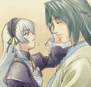 Rating: Safe Score: 0 Tags: 1boy 1girl blush closed_eyes couple hairband image long_hair long_sleeves silver_hair simple_background smile solo suigintou upper_body User: admin