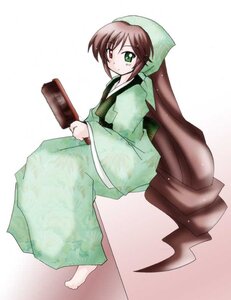 Rating: Safe Score: 0 Tags: 1girl bangs brown_hair full_body green_eyes head_scarf heterochromia image japanese_clothes kimono long_hair long_sleeves red_eyes simple_background solo suiseiseki User: admin