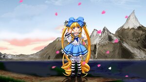 Rating: Safe Score: 0 Tags: 1girl blonde_hair blue_eyes bow cherry_blossoms dress image long_hair mountain outdoors pantyhose petals rose_petals shinku solo striped striped_legwear tree twintails very_long_hair User: admin