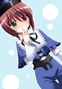 Rating: Safe Score: 0 Tags: 1girl blue_dress blush brown_hair capelet dress finger_to_mouth frills green_eyes hat heterochromia image long_sleeves red_eyes short_hair solo souseiseki User: admin