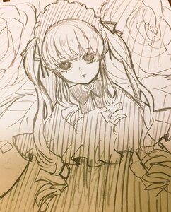 Rating: Safe Score: 0 Tags: 1girl dress image long_hair long_sleeves looking_at_viewer monochrome shinku solo very_long_hair User: admin