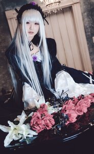 Rating: Safe Score: 0 Tags: 1girl black_dress dress flower gothic_lolita hairband lips long_hair long_sleeves looking_at_viewer rose silver_hair solo suigintou very_long_hair User: admin