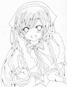 Rating: Safe Score: 0 Tags: 1girl :d blush dress frills greyscale head_scarf image long_hair long_sleeves looking_at_viewer monochrome open_mouth ribbon simple_background smile solo striped suiseiseki upper_body very_long_hair white_background User: admin