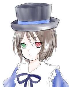 Rating: Safe Score: 0 Tags: 1girl bangs blue_dress blue_ribbon closed_mouth eyebrows_visible_through_hair frilled_shirt_collar frills green_eyes hat heterochromia image looking_at_viewer neck_ribbon red_eyes ribbon short_hair simple_background solo souseiseki striped striped_background top_hat upper_body vertical_stripes white_background User: admin