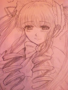 Rating: Safe Score: 0 Tags: 1girl bow drill_hair flower hairband image long_hair looking_at_viewer monochrome rose shinku simple_background smile solo traditional_media twin_drills twintails User: admin