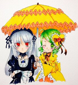 Rating: Safe Score: 0 Tags: 2girls black_umbrella dress frills green_eyes green_hair hairband holding_umbrella image kanaria lolita_fashion long_hair long_sleeves looking_at_viewer marker_(medium) multiple_girls one_eye_closed pair parasol red_eyes shared_umbrella silver_hair smile suigintou traditional_media umbrella User: admin