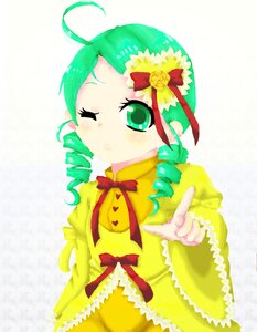 Rating: Safe Score: 0 Tags: 1girl ahoge bow dress drill_hair flower green_eyes green_hair image kanaria long_sleeves one_eye_closed pointing solo twin_drills white_background yellow_dress User: admin