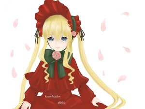 Rating: Safe Score: 0 Tags: 1girl blonde_hair blue_eyes bonnet bow bowtie capelet dress flower green_bow green_neckwear image long_hair long_sleeves looking_at_viewer petals pink_flower pink_rose red_dress rose rose_petals shinku sidelocks solo striped twintails User: admin