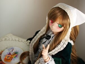 Rating: Safe Score: 0 Tags: 1girl bangs blurry blush brown_hair depth_of_field doll dress frills fur_trim green_eyes long_hair long_sleeves looking_at_viewer photo simple_background solo suiseiseki User: admin