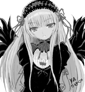 Rating: Safe Score: 0 Tags: 1girl black_wings blush dress feathered_wings frills greyscale hairband image long_hair long_sleeves looking_at_viewer monochrome ribbon simple_background smile solo suigintou upper_body white_background wings User: admin