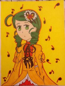 Rating: Safe Score: 0 Tags: 1girl ? bass_clef beamed_eighth_notes beamed_sixteenth_notes dancing dress drill_hair eighth_note flower green_eyes green_hair hair_flower hair_ornament image kanaria music musical_note quarter_note sheet_music singing sixteenth_note solo spoken_musical_note staff_(music) traditional_media treble_clef twin_drills yellow_background User: admin