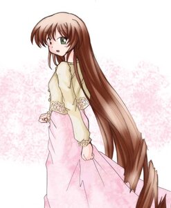 Rating: Safe Score: 0 Tags: 1girl :o brown_hair dress green_eyes image long_hair long_sleeves looking_at_viewer looking_back open_mouth solo standing suiseiseki very_long_hair User: admin