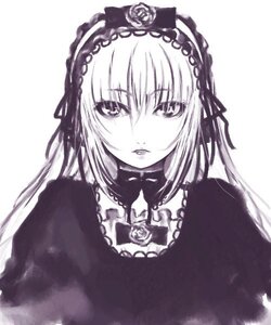 Rating: Safe Score: 0 Tags: 1girl bangs closed_mouth dress eyebrows_visible_through_hair flower frills hairband image long_hair long_sleeves looking_at_viewer monochrome rose simple_background solo suigintou upper_body white_background User: admin