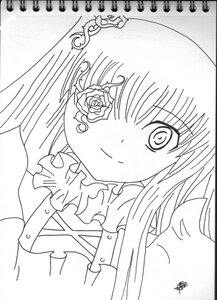 Rating: Safe Score: 0 Tags: 1girl bangs blush eyepatch flower greyscale image kirakishou long_hair looking_at_viewer marker_(medium) monochrome rose signature smile solo traditional_media upper_body User: admin