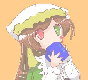 Rating: Safe Score: 0 Tags: 1girl brown_hair frills green_eyes head_scarf image long_sleeves orange_background red_eyes simple_background solo suiseiseki upper_body User: admin