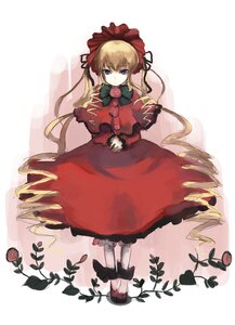 Rating: Safe Score: 0 Tags: 1girl black_footwear blonde_hair blue_eyes bonnet bow bowtie dress drill_hair flower full_body green_bow image long_hair long_sleeves looking_at_viewer red_dress rose shinku shoes solo standing twintails very_long_hair User: admin