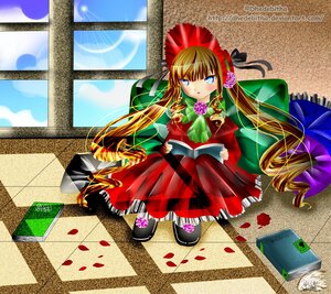 Rating: Safe Score: 0 Tags: 1girl blonde_hair blue_eyes bonnet book bow bowtie checkered checkered_floor dress flower green_bow image long_hair open_book petals red_dress rose shinku sitting solo tile_floor tiles twintails User: admin