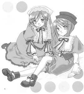 Rating: Safe Score: 0 Tags: 2girls boots capelet dress frills greyscale hat image long_hair long_sleeves looking_at_viewer monochrome multiple_girls neck_ribbon open_mouth pair polka_dot ribbon short_hair siblings sisters sitting smile souseiseki suiseiseki twins User: admin