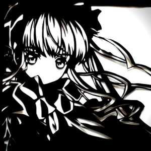 Rating: Safe Score: 0 Tags: 1girl bangs greyscale high_contrast image jacket long_hair long_sleeves looking_at_viewer monochrome ribbon shinku simple_background solo upper_body User: admin
