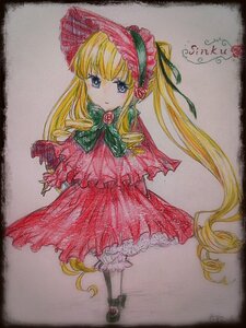 Rating: Safe Score: 0 Tags: 1girl blonde_hair bloomers blue_eyes bonnet bow bowtie dress flower full_body green_bow green_neckwear image long_hair long_sleeves looking_at_viewer marker_(medium) photo red_dress rose shikishi shinku shoes simple_background solo standing traditional_media twintails underwear very_long_hair User: admin