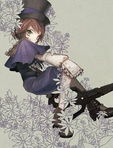 Rating: Safe Score: 0 Tags: 1girl boots brown_hair capelet dress flower green_eyes hat image knee_boots long_sleeves looking_at_viewer looking_back pantyhose plant short_hair solo souseiseki standing top_hat User: admin
