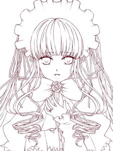 Rating: Safe Score: 0 Tags: 1girl bangs earrings eyebrows_visible_through_hair flower holding holding_flower image jewelry lineart long_hair long_sleeves looking_at_viewer maid_headdress monochrome ring rose shinku solo striped upper_body User: admin