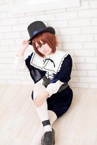 Rating: Safe Score: 0 Tags: 1girl bangs brown_hair dress hat long_sleeves ribbon shoes short_hair sitting solo souseiseki top_hat white_legwear User: admin