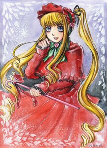 Rating: Safe Score: 0 Tags: 1girl blonde_hair blue_eyes bonnet bow dress flower green_bow image long_hair long_sleeves looking_at_viewer marker_(medium) pink_rose red_capelet red_dress rose shinku solo traditional_media twintails very_long_hair User: admin