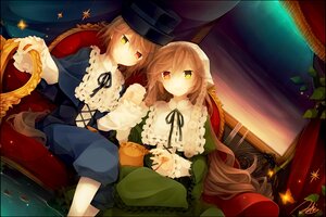 Rating: Safe Score: 0 Tags: 2girls brown_hair curtains dress green_eyes hat heterochromia image long_hair multiple_girls pair red_eyes ribbon siblings sisters sitting souseiseki suiseiseki twins User: admin