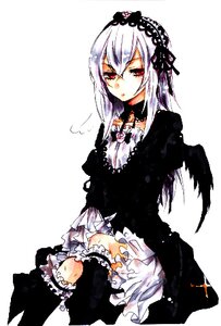 Rating: Safe Score: 0 Tags: 1girl black_dress doll_joints dress frills gothic_lolita hairband image joints lolita_fashion long_hair long_sleeves looking_at_viewer red_eyes simple_background sitting solo suigintou white_background User: admin