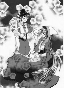 Rating: Safe Score: 0 Tags: dress greyscale hat holding_hands image long_hair long_sleeves monochrome multiple_girls pair ribbon smile souseiseki suiseiseki top_hat very_long_hair User: admin