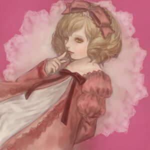 Rating: Safe Score: 0 Tags: 1girl bad_id bad_pixiv_id blonde_hair bow curly_hair dress finger_to_mouth frills green_eyes hair_bow highres hina_ichigo hinaichigo image index_finger_raised lace lips long_sleeves looking_at_viewer pink_background pink_bow puffy_sleeves red_background ribbon rozen_maiden short_hair simple_background solo upper_body yukishiro_(hitsuji) User: admin