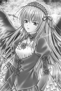 Rating: Safe Score: 0 Tags: 1girl detached_collar dress frills greyscale hairband image long_hair long_sleeves monochrome outdoors ribbon solo suigintou very_long_hair wings User: admin