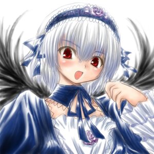 Rating: Safe Score: 0 Tags: 1girl black_wings blush dress feathered_wings feathers flower frills hairband image long_hair long_sleeves looking_at_viewer open_mouth red_eyes ribbon rose silver_hair simple_background solo suigintou upper_body white_background wings User: admin