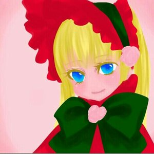 Rating: Safe Score: 0 Tags: 1girl bangs blonde_hair blue_eyes blush bow dress hat image long_hair long_sleeves looking_at_viewer pink_background shinku smile solo striped_background upper_body User: admin