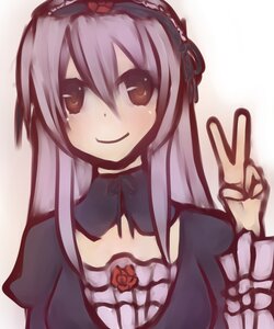 Rating: Safe Score: 0 Tags: 1girl blush dress flower hairband image lolita_hairband long_hair long_sleeves looking_at_viewer red_flower red_rose rose silver_hair simple_background smile solo suigintou upper_body v User: admin