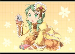 Rating: Safe Score: 3 Tags: 1girl :o binoculars bow camera commentary_request dress drill_hair flower green_eyes green_hair hair_ornament heart image kanaria kneeling letterboxed long_hair mtyy open_mouth orange_dress photoshop_(medium) ribbon rozen_maiden short_hair solo yellow_background User: admin