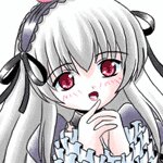 Rating: Safe Score: 0 Tags: 1girl bangs blush eyebrows_visible_through_hair image long_hair looking_at_viewer open_mouth red_eyes ribbon silver_hair simple_background solo suigintou white_background User: admin