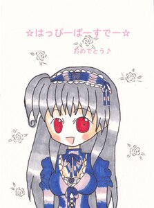 Rating: Safe Score: 0 Tags: 1girl :d blush dress flower frills hairband image long_hair open_mouth puffy_sleeves red_eyes ribbon smile solo suigintou traditional_media upper_body wings User: admin