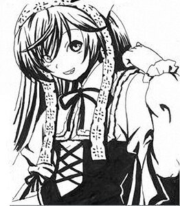 Rating: Safe Score: 0 Tags: 1girl frills greyscale image long_hair long_sleeves looking_at_viewer monochrome neck_ribbon ribbon smile solo suiseiseki traditional_media User: admin