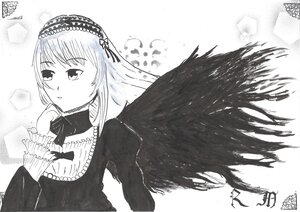 Rating: Safe Score: 0 Tags: 1girl artist_name bangs black_wings dated dress eyebrows_visible_through_hair feathered_wings frills greyscale hairband half-closed_eyes image juliet_sleeves lolita_hairband long_hair long_sleeves monochrome ribbon signature simple_background solo suigintou upper_body wings User: admin