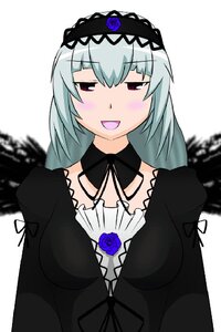 Rating: Safe Score: 0 Tags: 1girl :d black_dress blue_flower blush dress flower hairband image lolita_fashion lolita_hairband long_sleeves looking_at_viewer open_mouth red_eyes rose silver_hair simple_background smile solo suigintou upper_body white_background User: admin