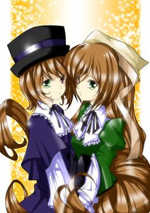 Rating: Safe Score: 0 Tags: 2girls brown_hair dress green_dress green_eyes hat head_scarf image long_hair long_sleeves looking_at_viewer multiple_girls pair short_hair siblings sisters souseiseki suiseiseki top_hat twins very_long_hair yellow_background User: admin