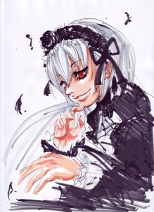 Rating: Safe Score: 0 Tags: 1girl black_ribbon bug closed_mouth dress feathers frilled_sleeves frills hairband image insect long_hair long_sleeves musical_note red_eyes ribbon rose silver_hair smile solo suigintou upper_body wings User: admin